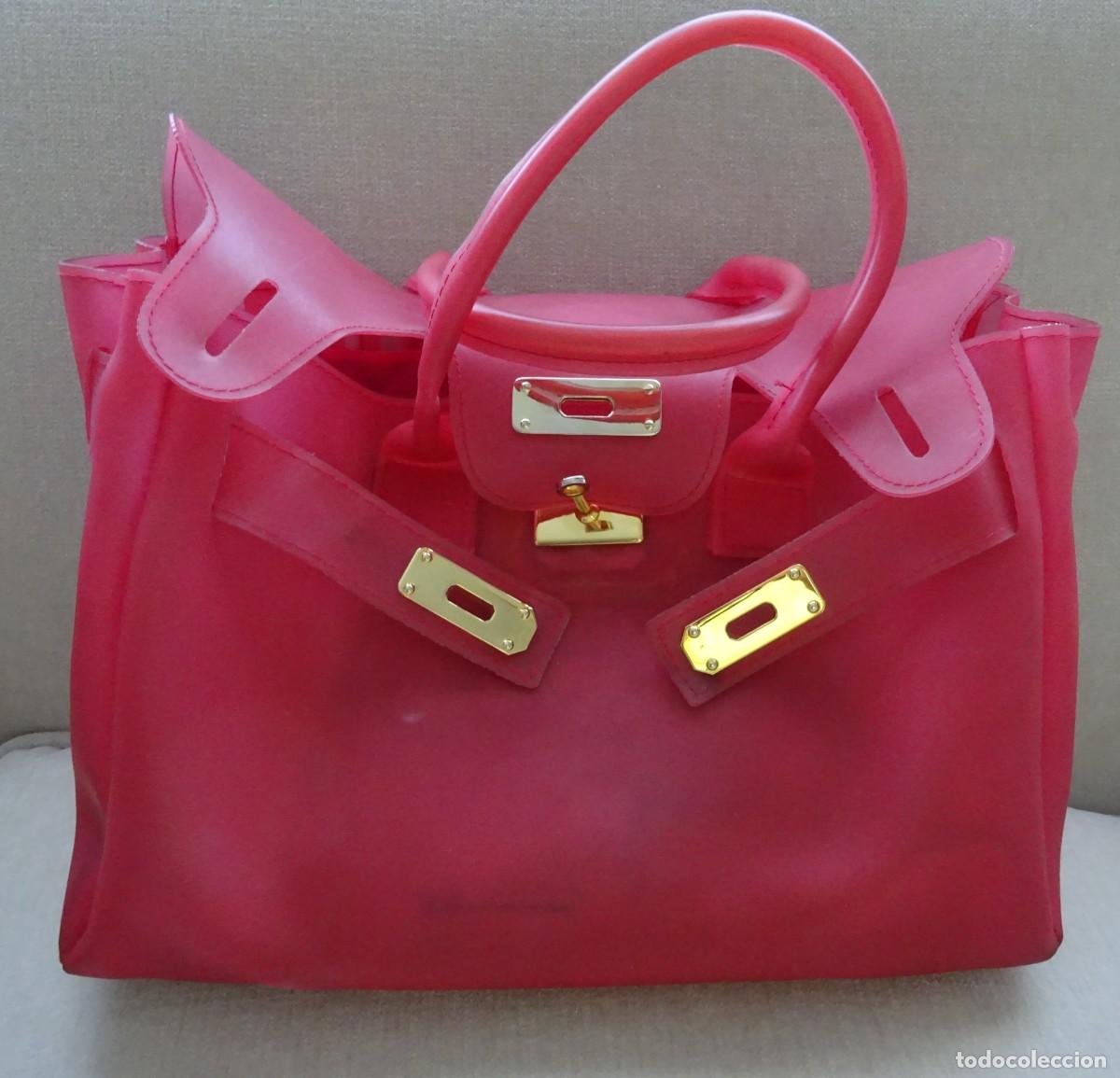 Vintage: BOLSO DE CAUCHO, FUCSIA ESTILO BIRKIN, A&Ntilde;OS 80