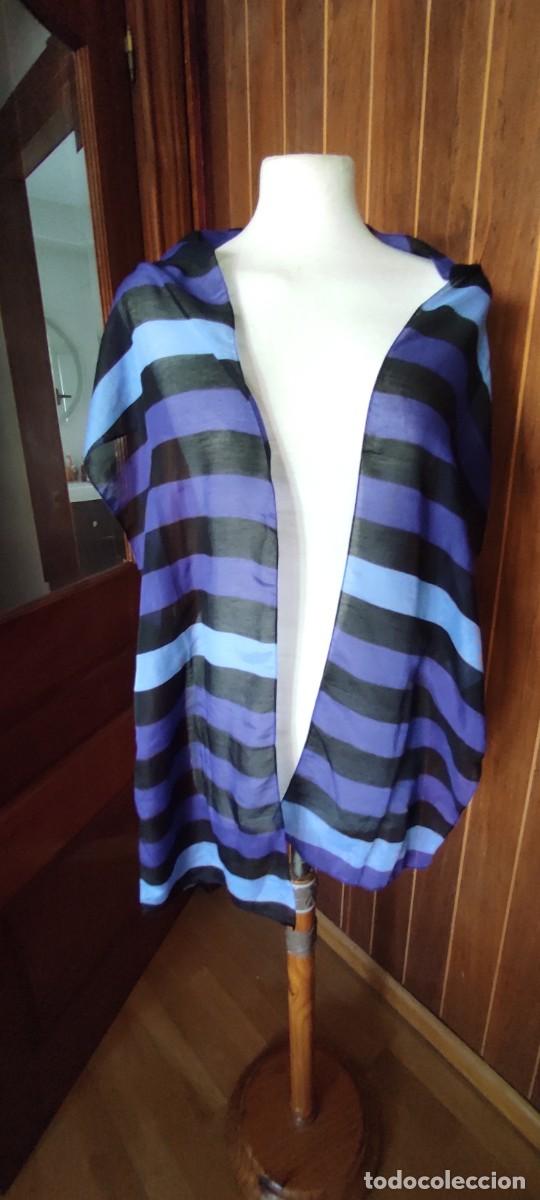 Vintage: FULAR / ESTOLA LARGA DE GASA A RAYAS TRICOLOR (AZUL, VIOLETA Y NEGRO) - 200x29 cm