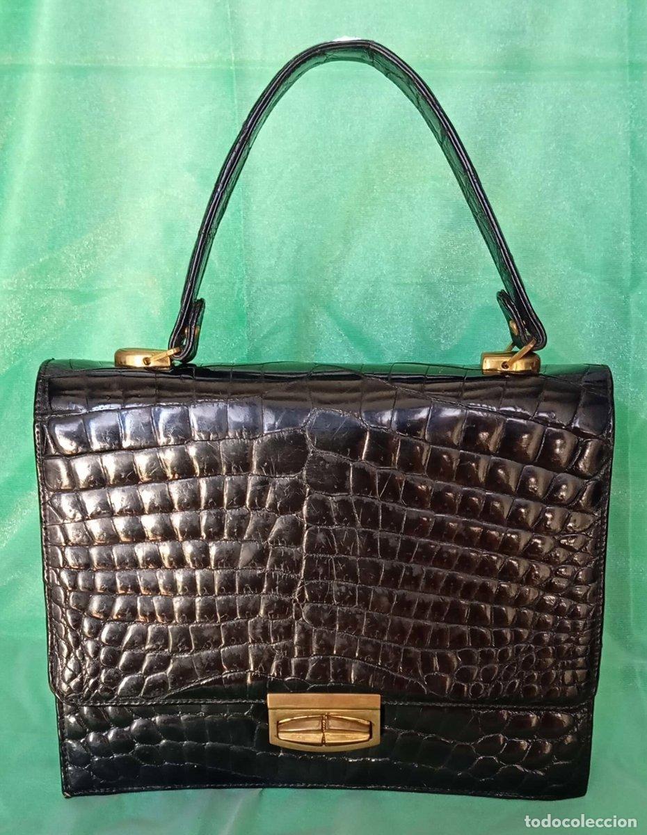 Vintage: ELEGANTE BOLSO VINTAGE DE AUT&Eacute;NTICA PIEL DE COCODRILO NEGRA. A&Ntilde;OS 60-70. SIN MARCA