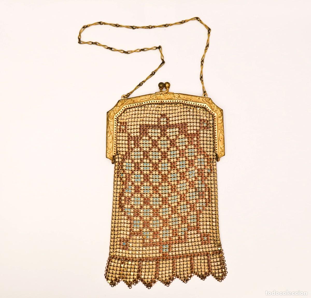 Vintage: BOLSO ART DECO WHITING & DAVIS &oacute; MANDALIAN BEIGE AZUL Y MARR&Oacute;N