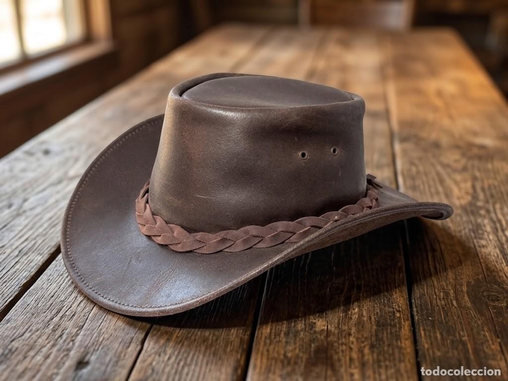 Vintage: Sombrero cowboy vintage en cuero marr&oacute;n