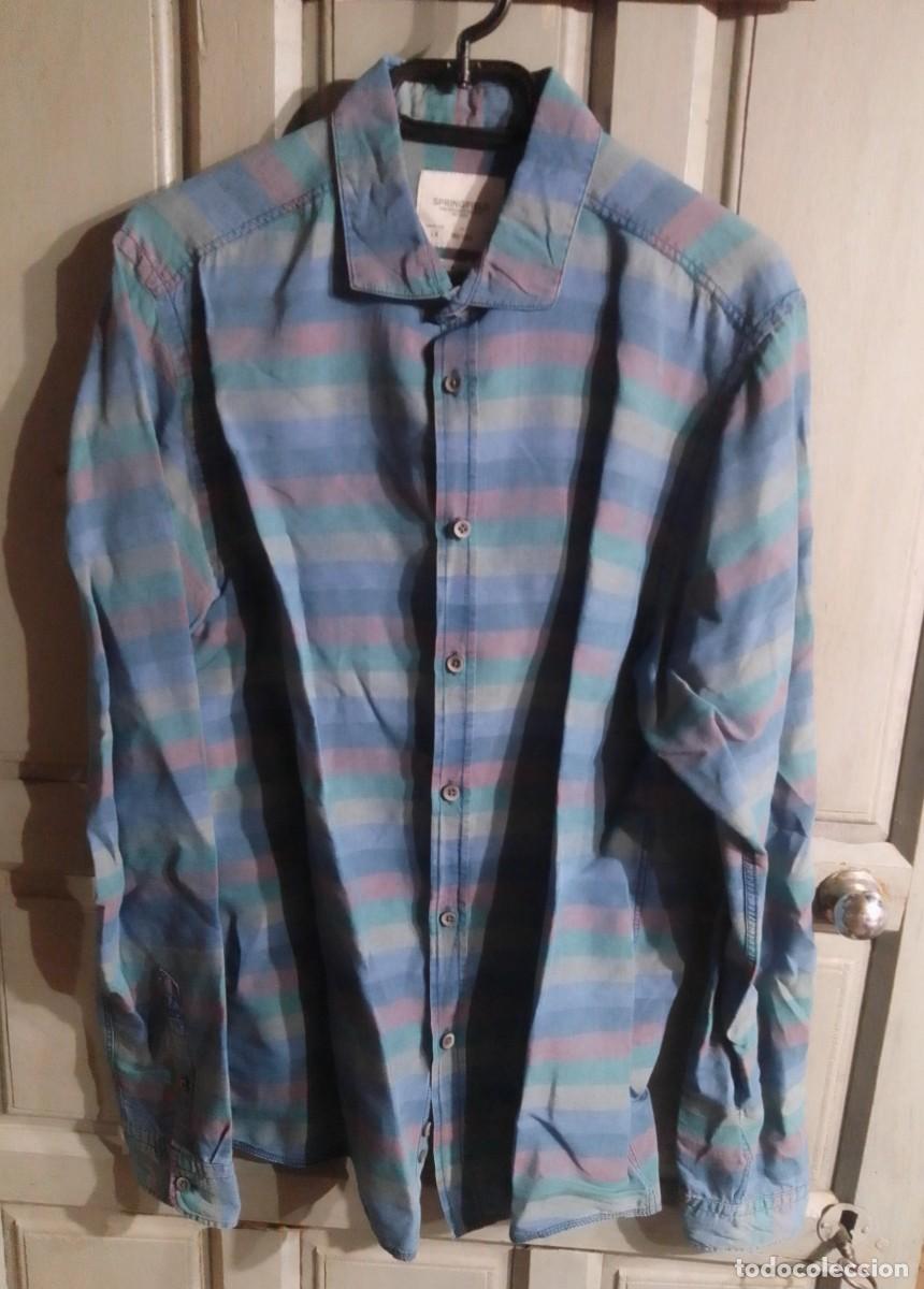 Vintage: Camisa rayas de colores manga larga. Lino y algod&oacute;n. Springfield, Slim Fit. Talla L