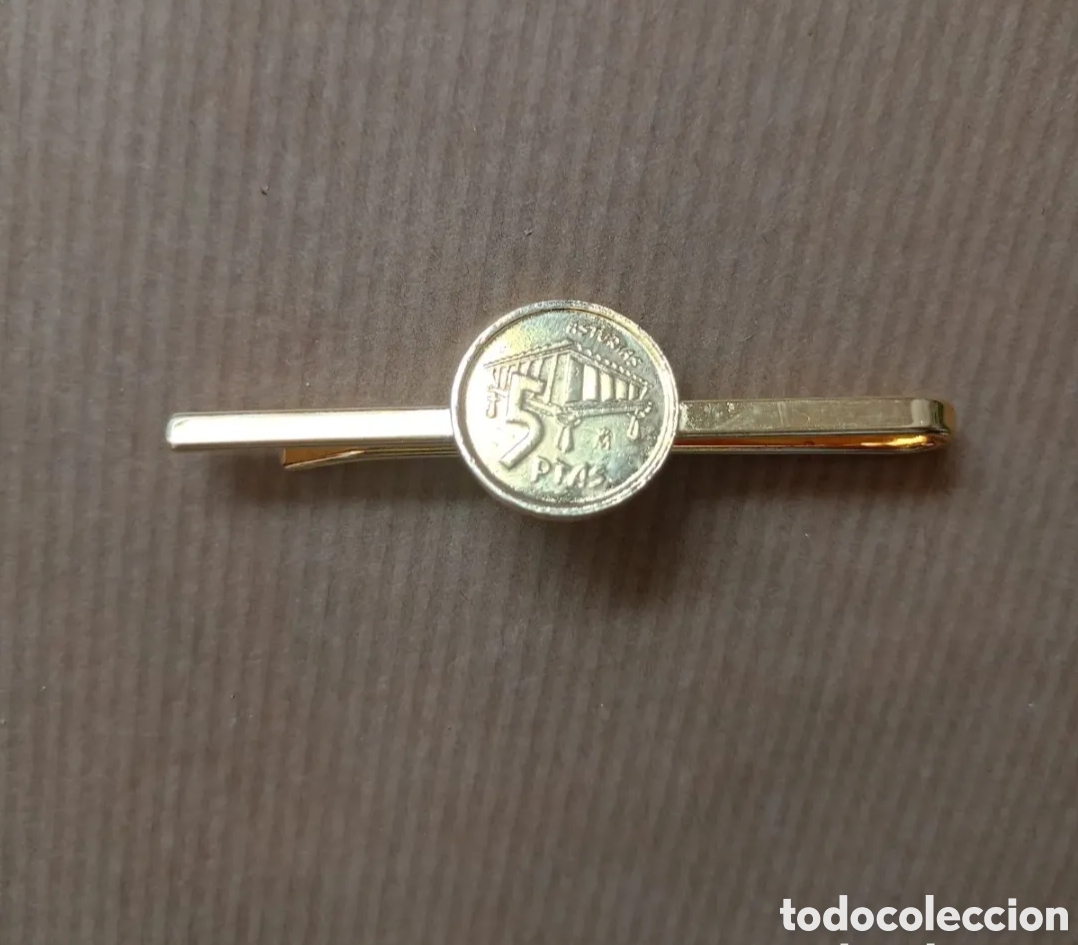 Vintage: Sujetacorbatas chapado oro moneda 5 pesetas Asturias