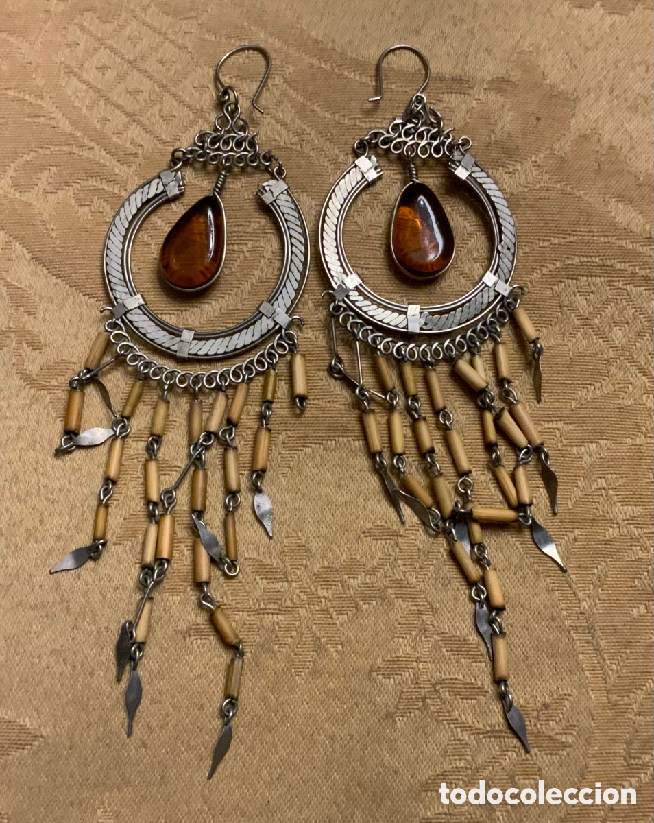 Vintage: PENDIENTES ALPACA PERUANOS &Aacute;GATA CORNALINA - Foto 1