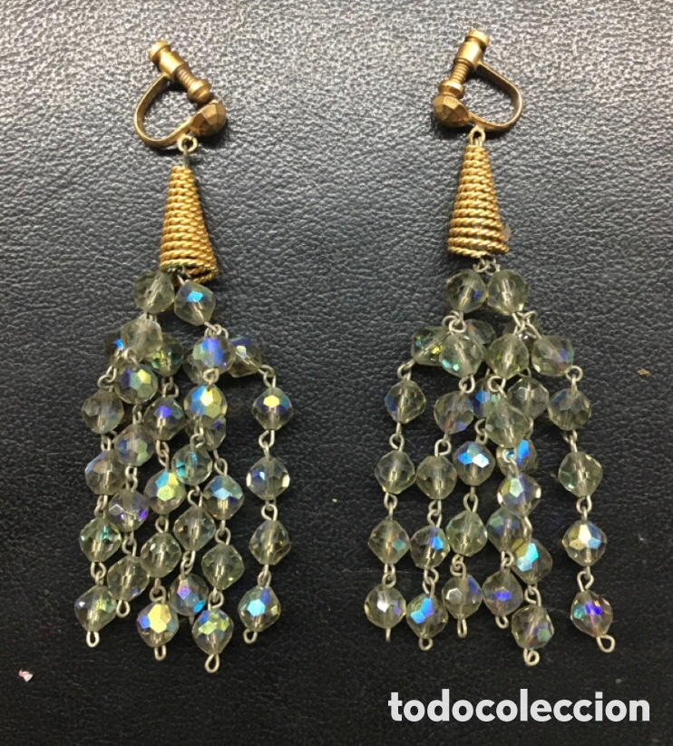 Vintage: Pendientes Largos Vintage. Cascada Cristal Aurora Boreal. Clip. Original a&ntilde;os 50