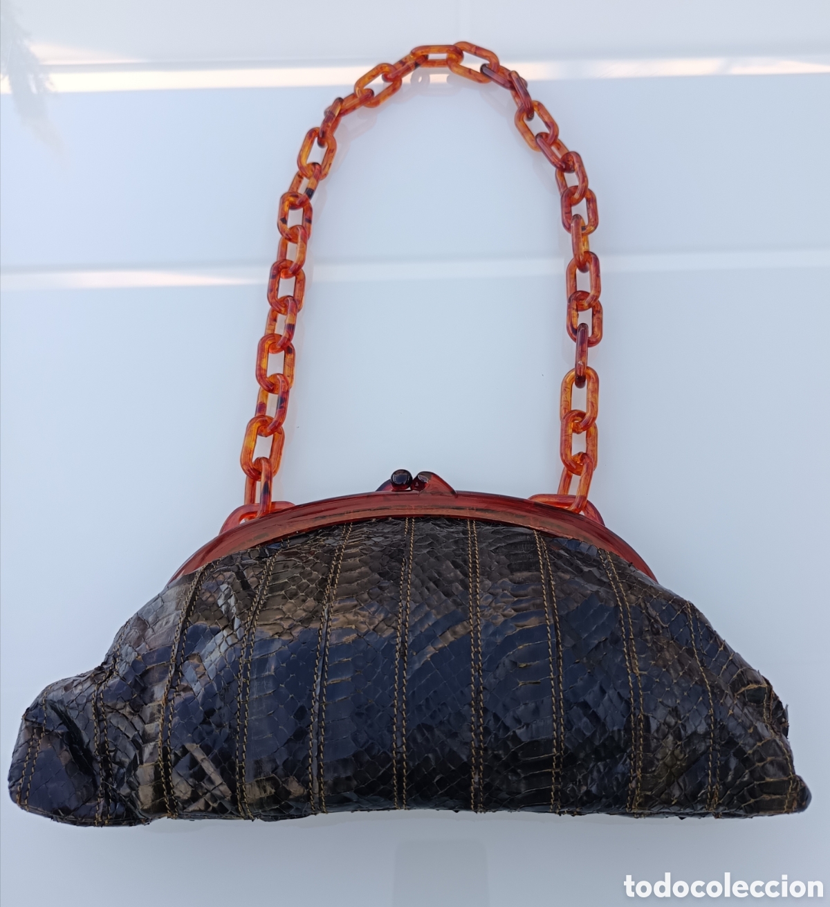 Vintage: Antiguo Bolso de Mano Vintage (A&ntilde;os 60-70) - Piel de Serpiente y Asa s&iacute;mil Carey