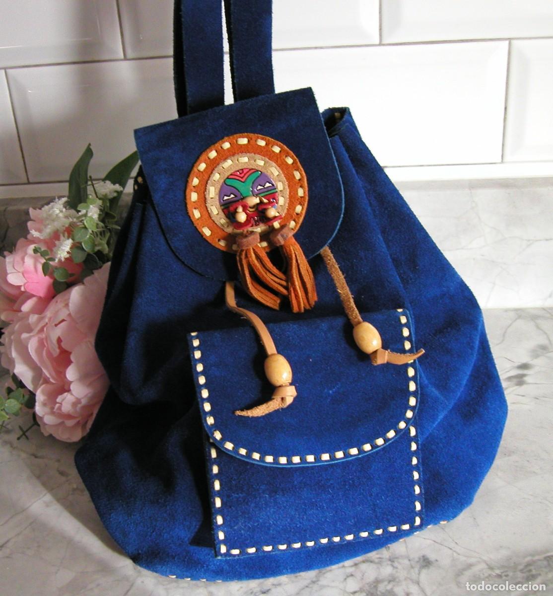 Vintage: Mochila artesanal vintage estilo boho chic realizada a mano en piel-ante azul el&eacute;ctrico D&eacute;cada 90