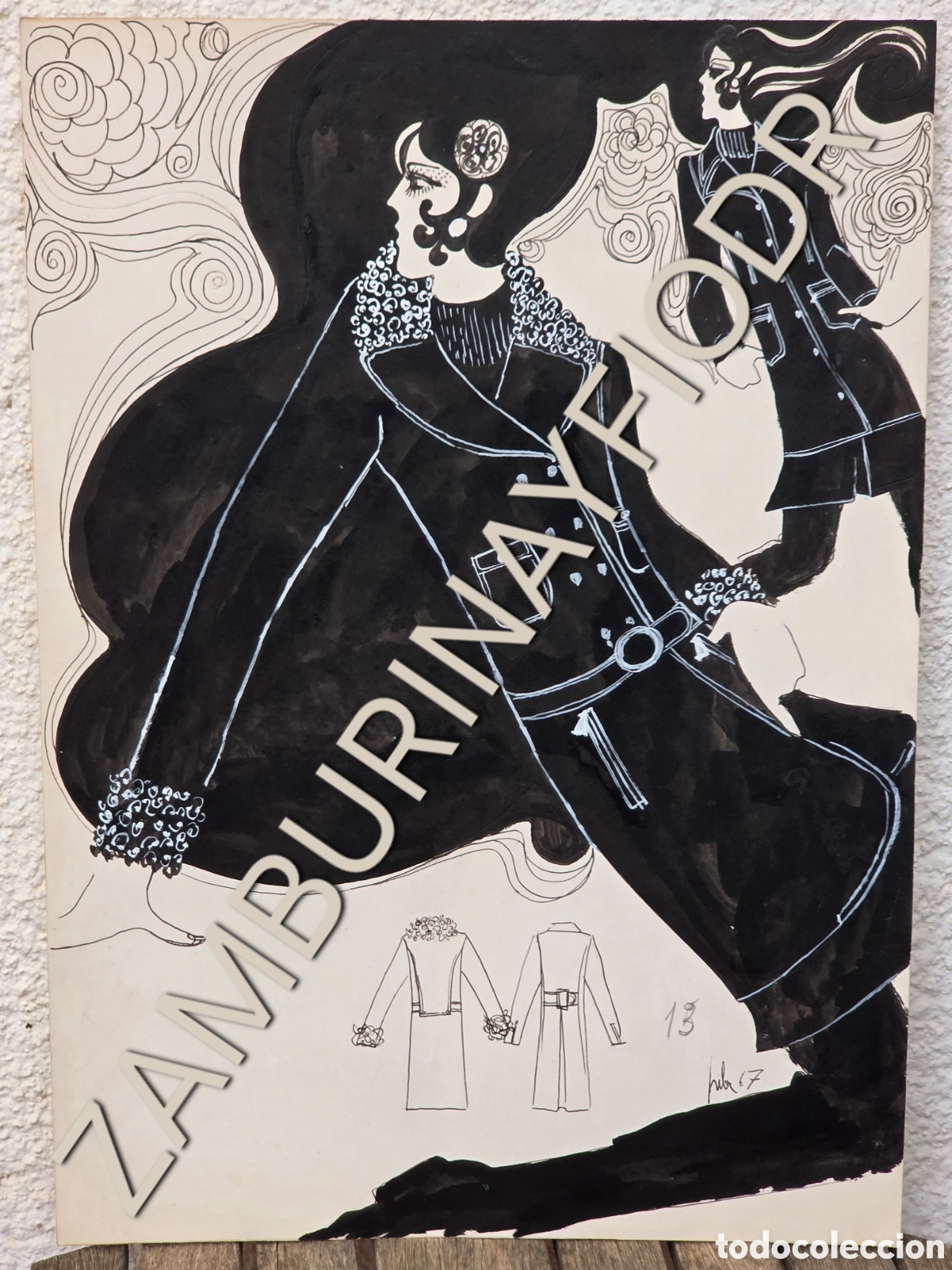 Vintage: L&aacute;mina Dibujo Tinta Esbozo Dise&ntilde;o Moda Firmado 1967 - Decoraci&oacute;n Retro
