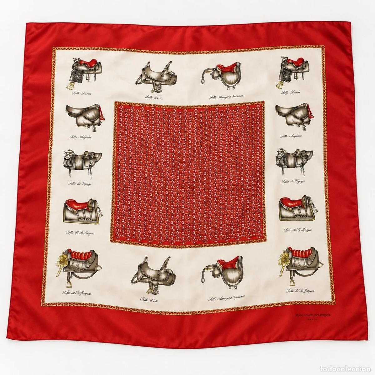 Vintage: Pa&ntilde;uelo Foulard Jean Louis Scherrer Ecuestre Rojo A&ntilde;os 80 Vintage 90x90