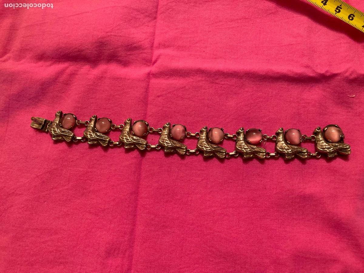 Vintage: Pulsera de eslabones de aves con cabujones rosa
