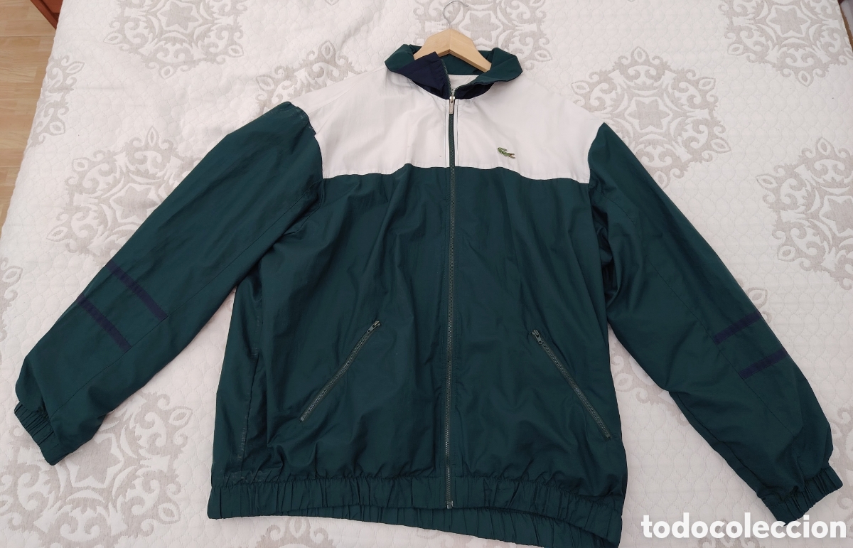 Vintage: Chaqueta Cortavientos Vintage Lacoste Sport Devanlay - Talla 6 (XL) - Verde/Blanco - Con tara