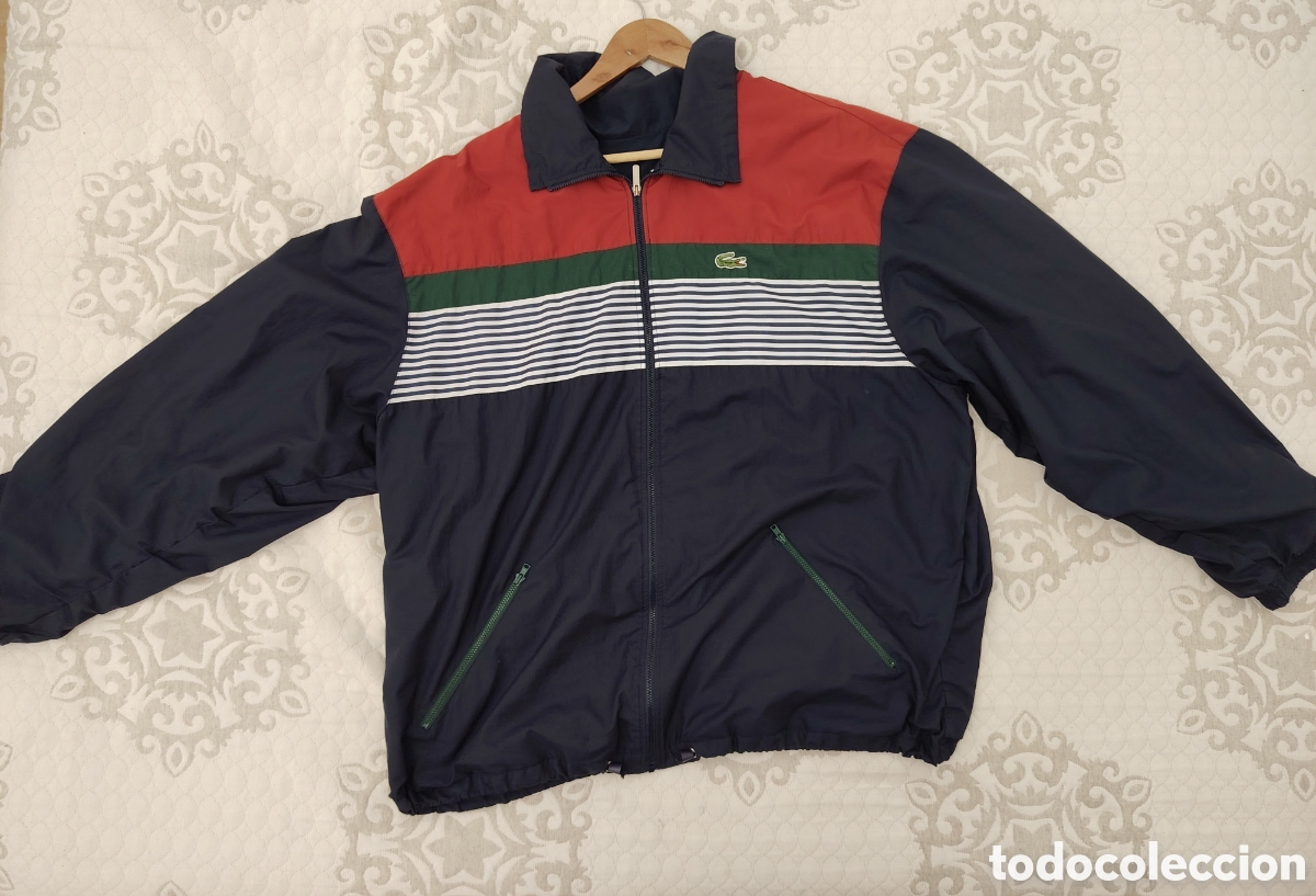 Vintage: Chaqueta Cortavientos Vintage Lacoste Sport Devanlay - Talla 7 (XXL) - Azul/Rojo/Rayas - Con tara