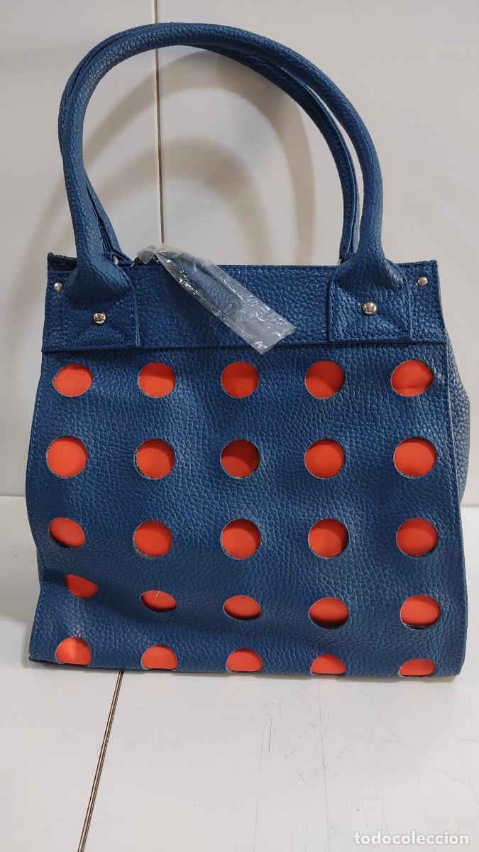 Vintage: 1254 ANTIGUO BOLSO EN COLOR AZUL Y NARANJA, NUEVO SIN ESTRENAR, EN SIMIL DE PIEL LABRADA, A&Ntilde;OS 80