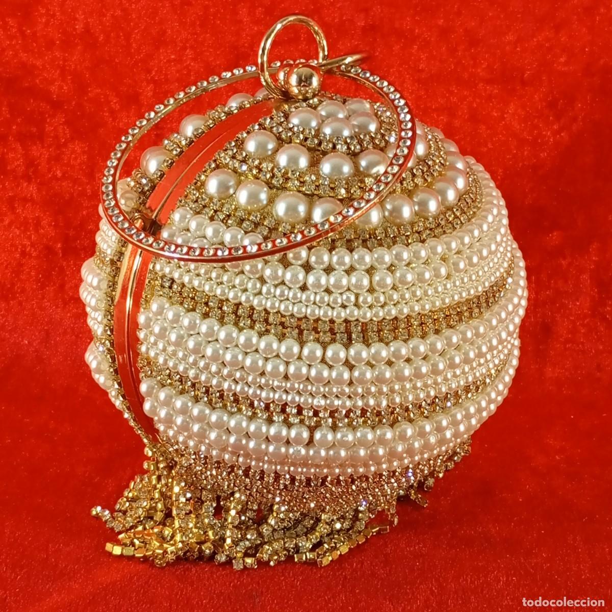Vintage: BOLSO VINTAGE ESTILO CLUTCH - HECHO CON PERLAS Y CRISTALES DE IMITACI&Oacute;N DORADOS - 13 CM DIAMETRO