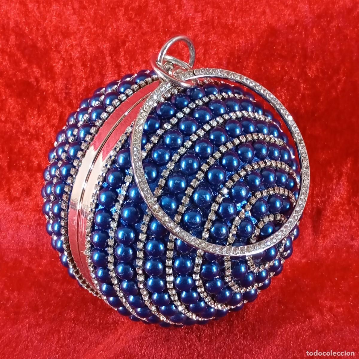 Vintage: BOLSO VINTAGE ESTILO CLUTCH - HECHO CON CRISTALES Y PERLAS AZULES DE IMITACI&Oacute;N - 13 CM DIAMETRO