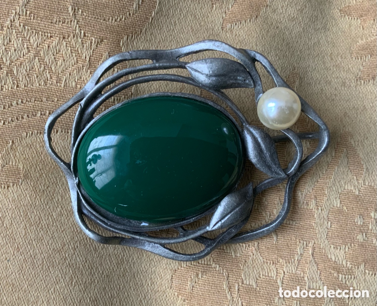 Vintage: BROCHE VINTAGE VERDE Y PLATEADO MATE 6,5 CM X 5CM