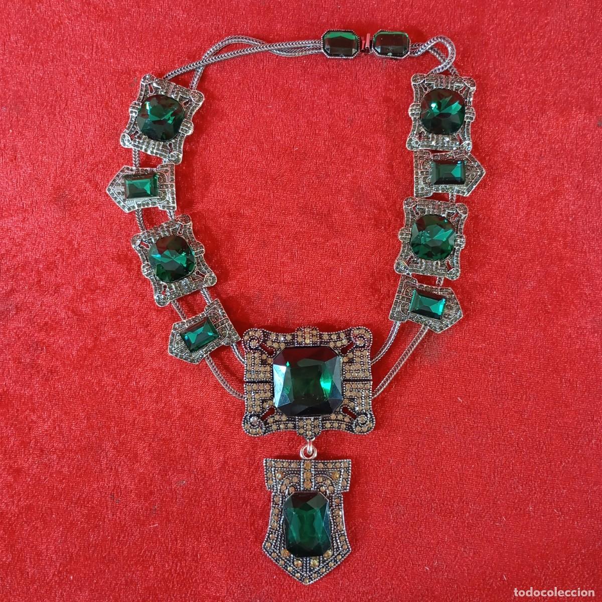 Vintage: COLLAR VINTAGE - ESTILO IMPERIAL - CRISTALES TALLA ESMERALDA - PLATINO - 17