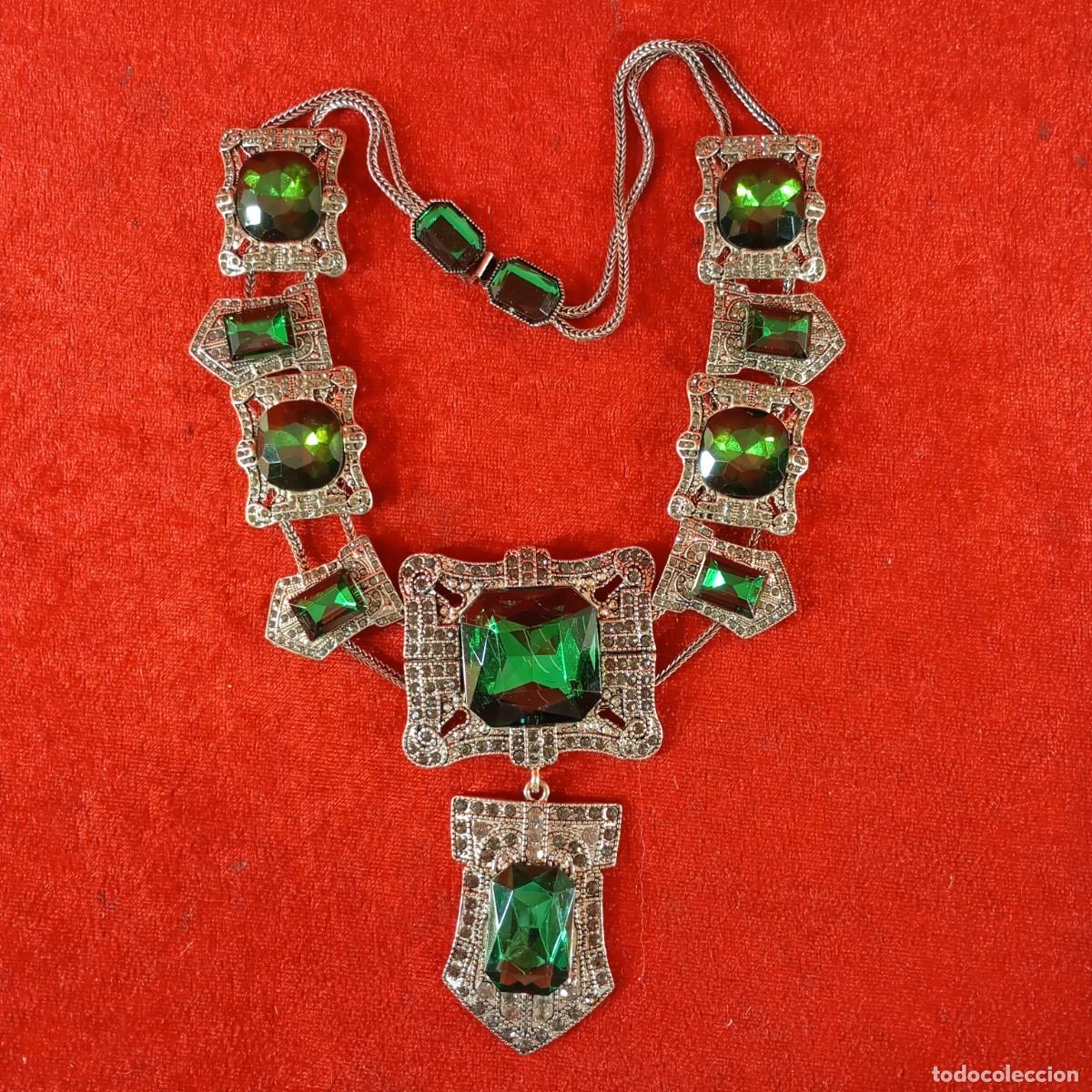 Vintage: COLLAR VINTAGE - ESTILO IMPERIAL - CRISTALES TALLA ESMERALDA - PLATINO - 18