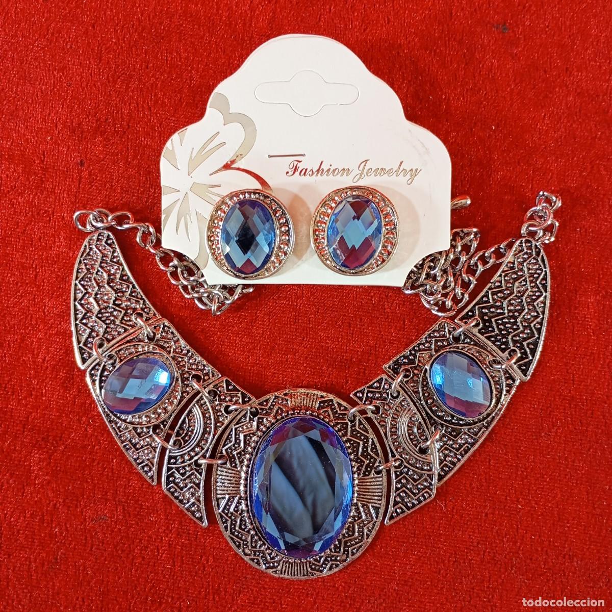 Vintage: SET DE COLLAR & ARETES - ESTILO VINTAGE - CRISTALES AZULES EN CORTE OVALO - PLATINO - 14