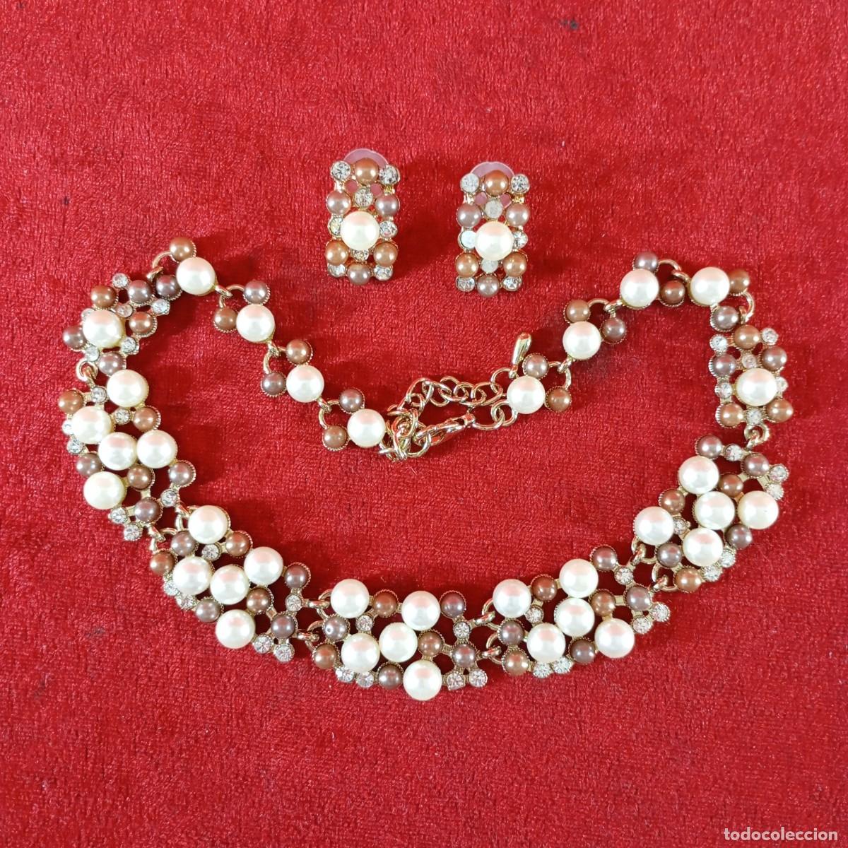 Vintage: SET DE COLLAR & ARETES - ESTILO GARGANTILLA - CRISTALES Y PERLAS - PLATINO - 15