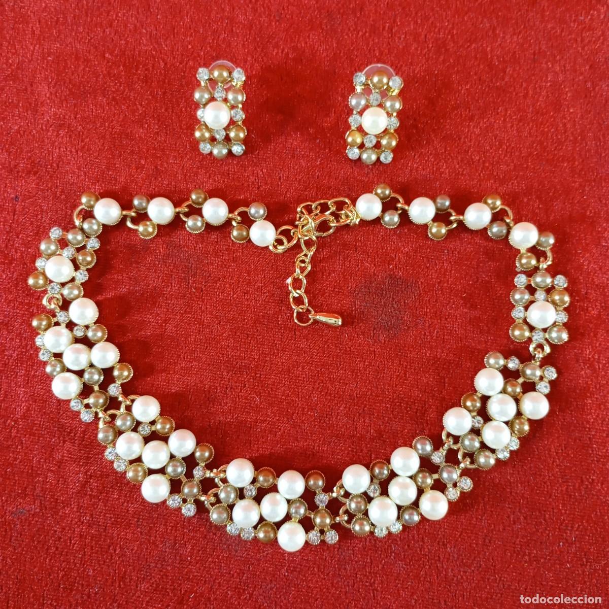 Vintage: SET DE COLLAR & ARETES - ESTILO GARGANTILLA - CRISTALES Y PERLAS - PLATINO - 17