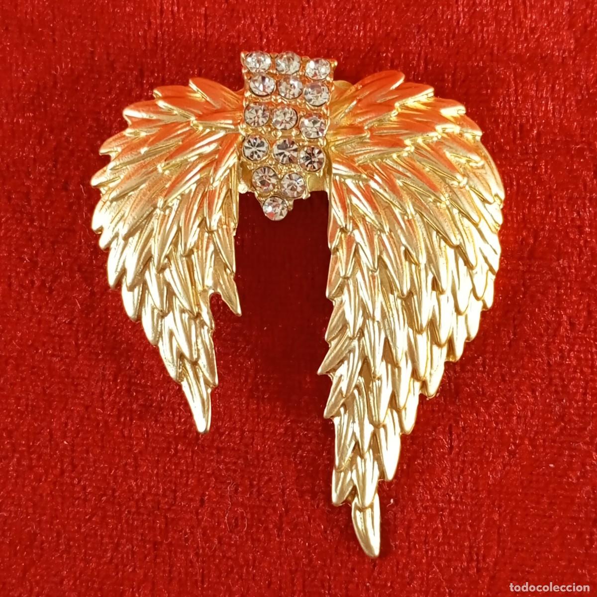 Vintage: BROCHE VINTAGE - EN FORMA DE ALAS DE ANGEL - DORADO - CON ALIQUES DE CRISTAL TRANSPARENTE - 44 - 43