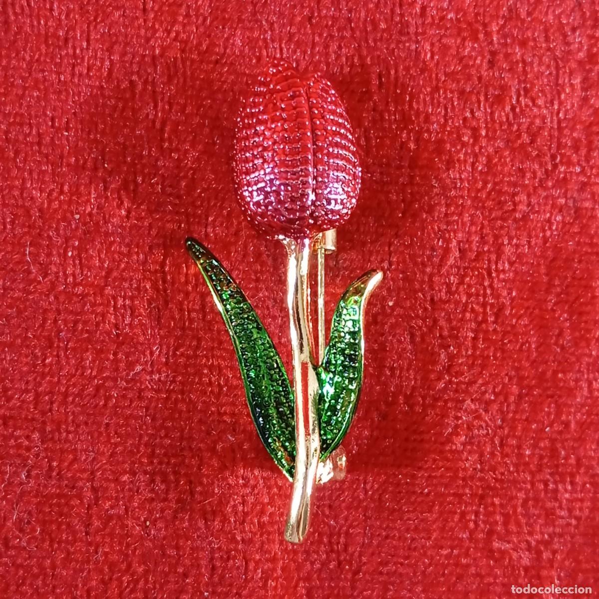 Vintage: BROCHE VINTAGE - EN FORMA DE TULIPAN - ESMALTADO EN COLOR ROSA Y VERDE - DORADO - 68