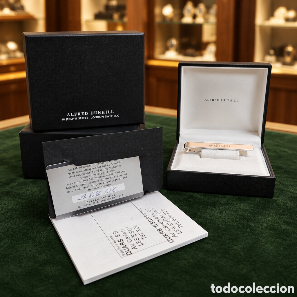Vintage: Elegante pisacorbatas de plata de ley de Alfred Dunhill en su caja original con documentaci&oacute;n