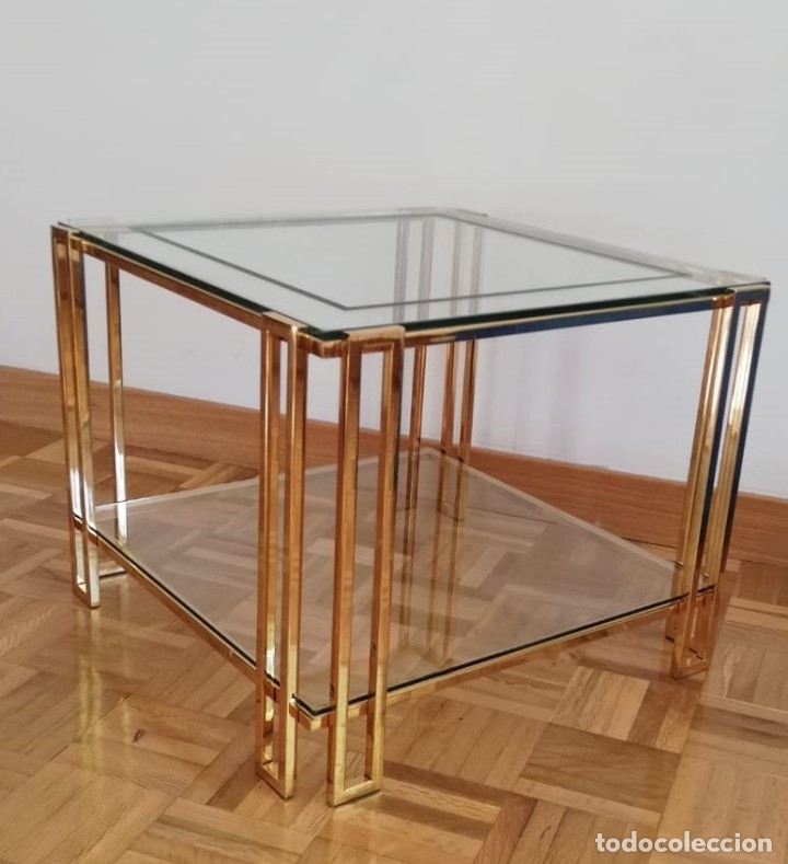 mesa auxiliar de latón dorado y cristal - Comprar Muebles vintage en