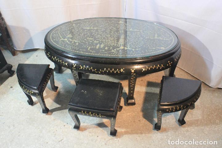 Vintage: MESA CENTRO ORIENTAL 6 TABURETES - Foto 4