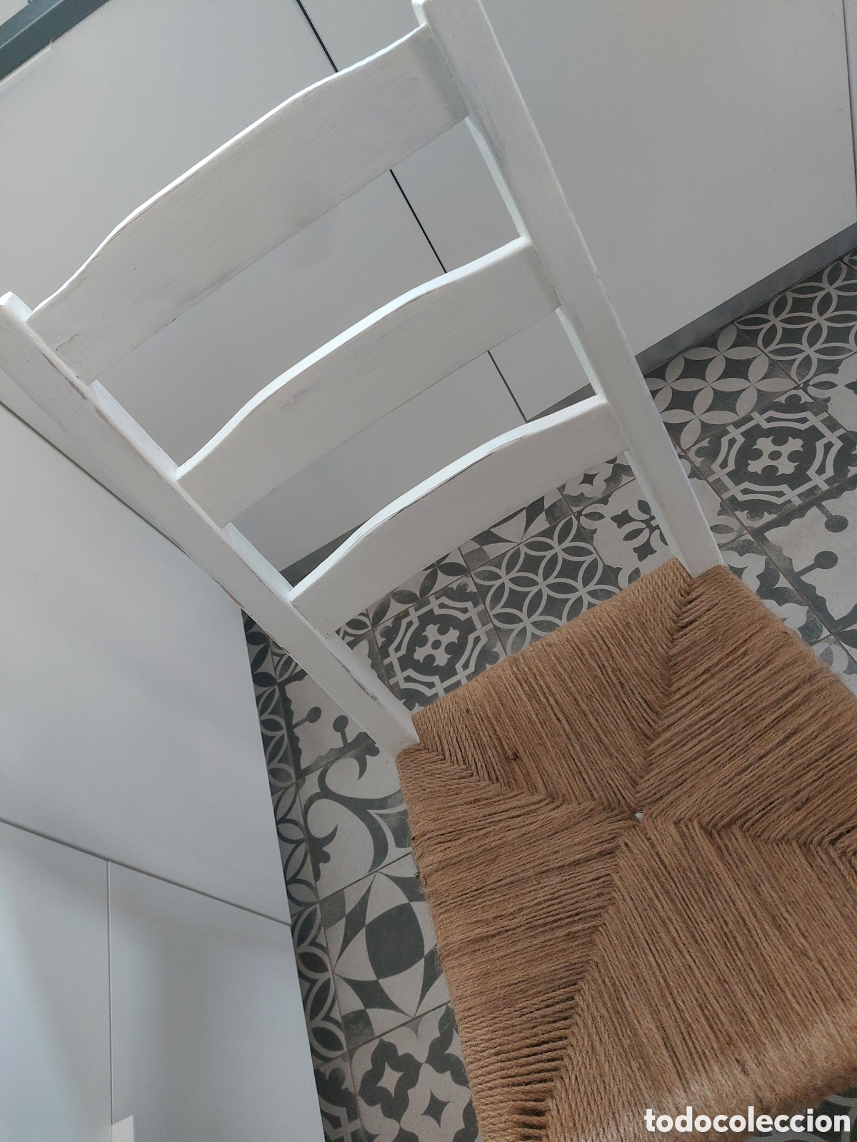Vintage: Silla decapado en blanco, asiento de yute - Foto 2