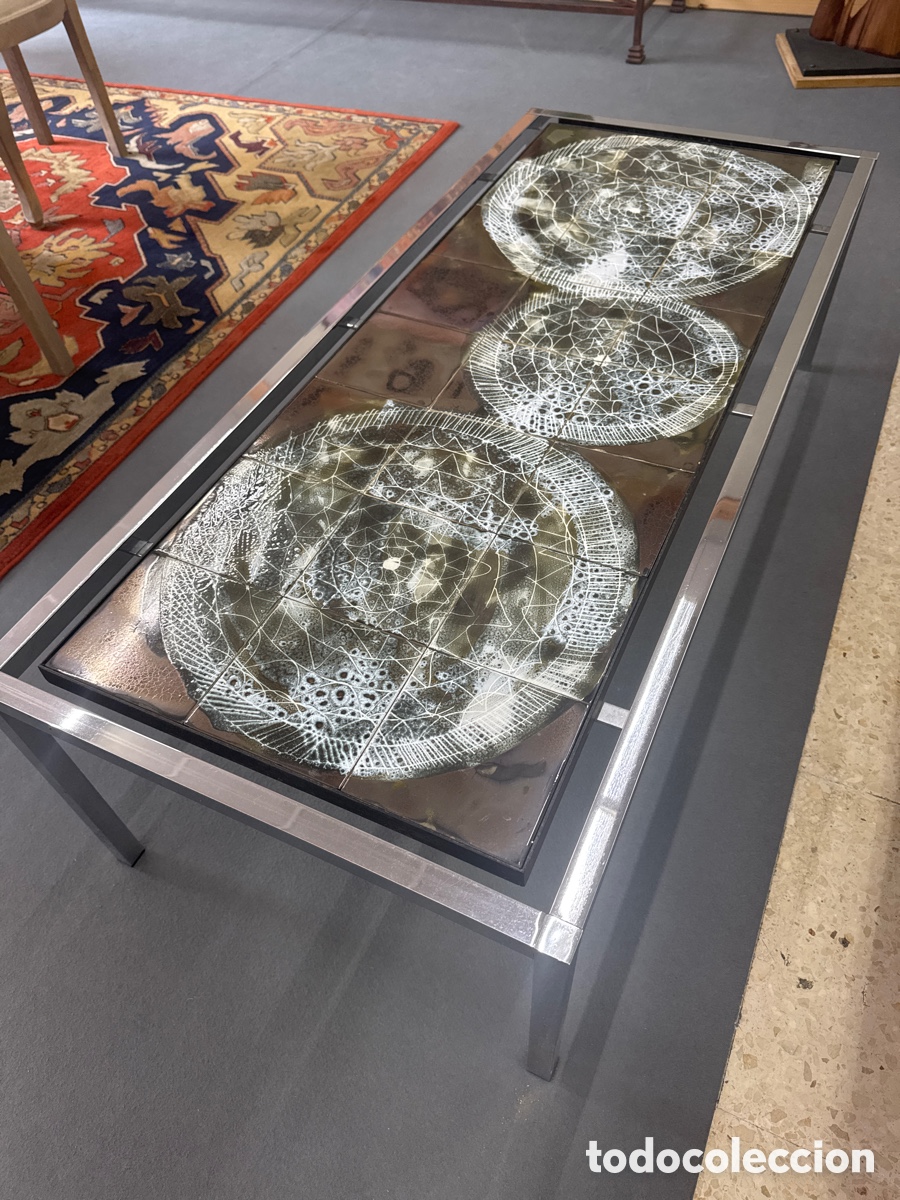 Vintage: Mesa de centro de metal y cer&aacute;mica italiana fe Belarti