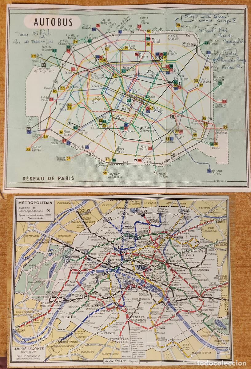 Vintage: Mapa guia de lineas de autob&uacute;s y de metro de Paris - a&ntilde;os 70
