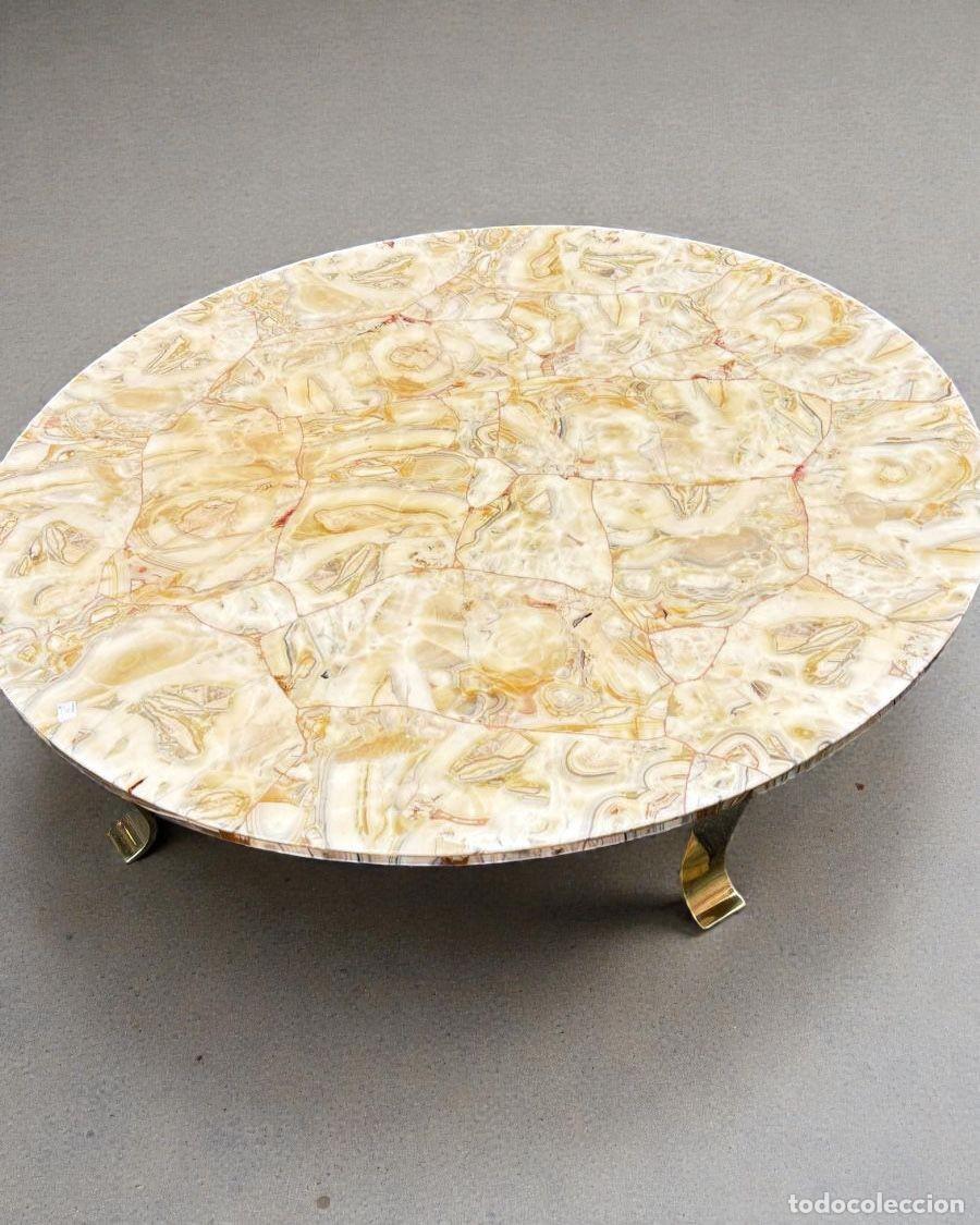 Vintage: Mesa baja en laton y sobre de Agata listada natural 120 cm