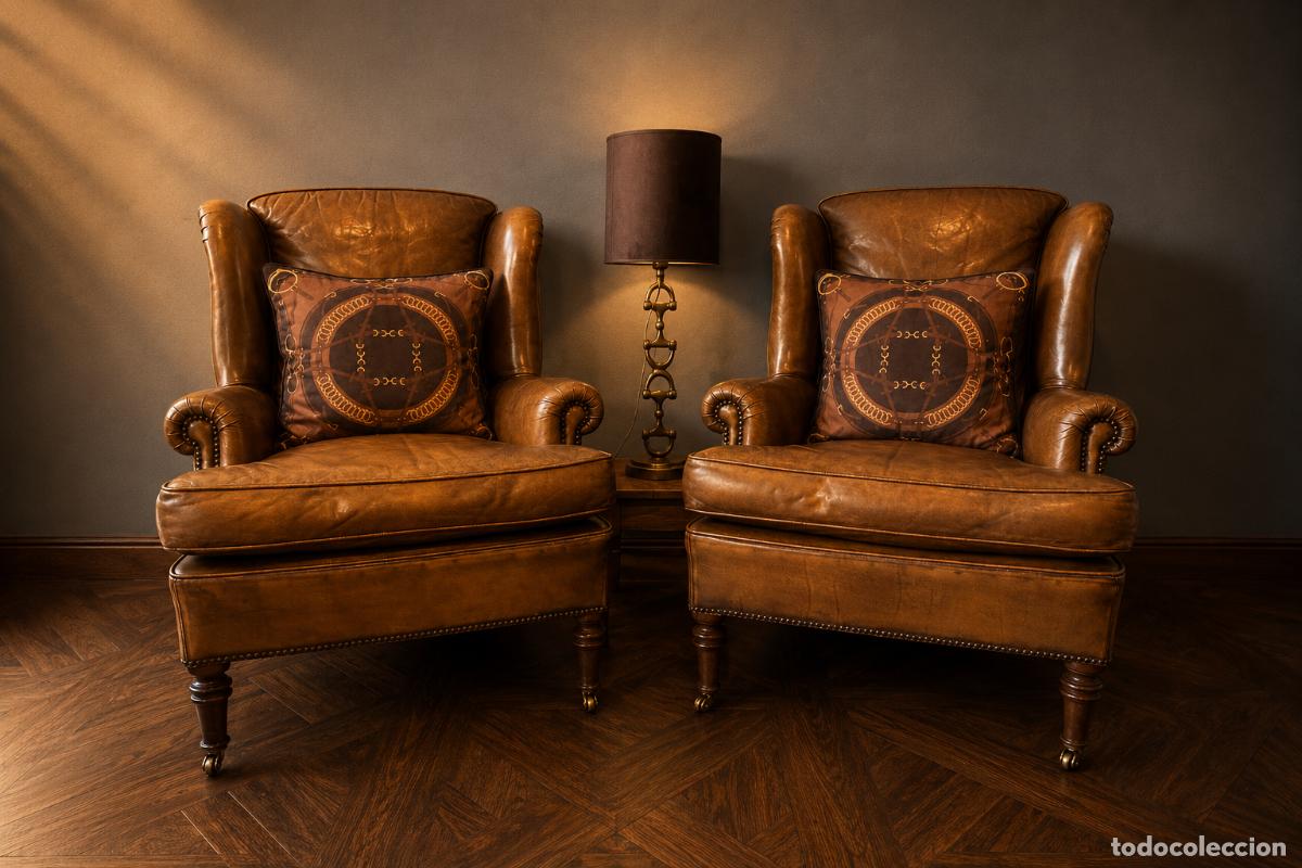 Vintage: Pareja de sillones orejeros club ingl&eacute;s en cuero aut&eacute;ntico. Estilo Chesterfield/Ralph Lauren