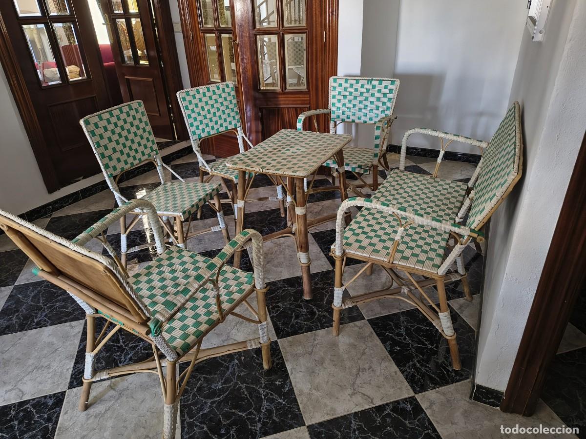 Vintage: Antiguo Conjunto De Terraza / Porche - Ca&ntilde;a, Bamb&uacute; Y Rejilla Bicolor Verde - 7 Piezas Completo