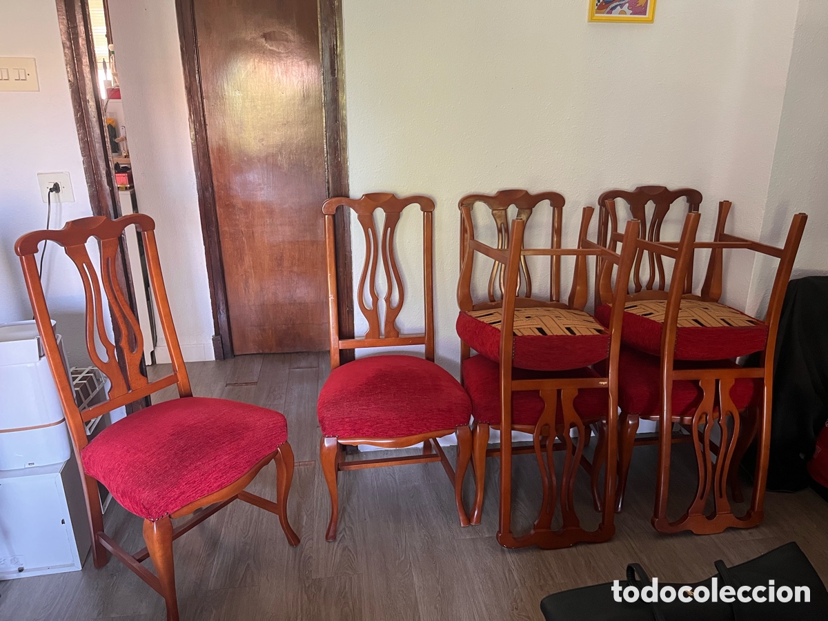 Vintage: Juego de 6 sillas de comedor de madera maciza tapizadas en rojo