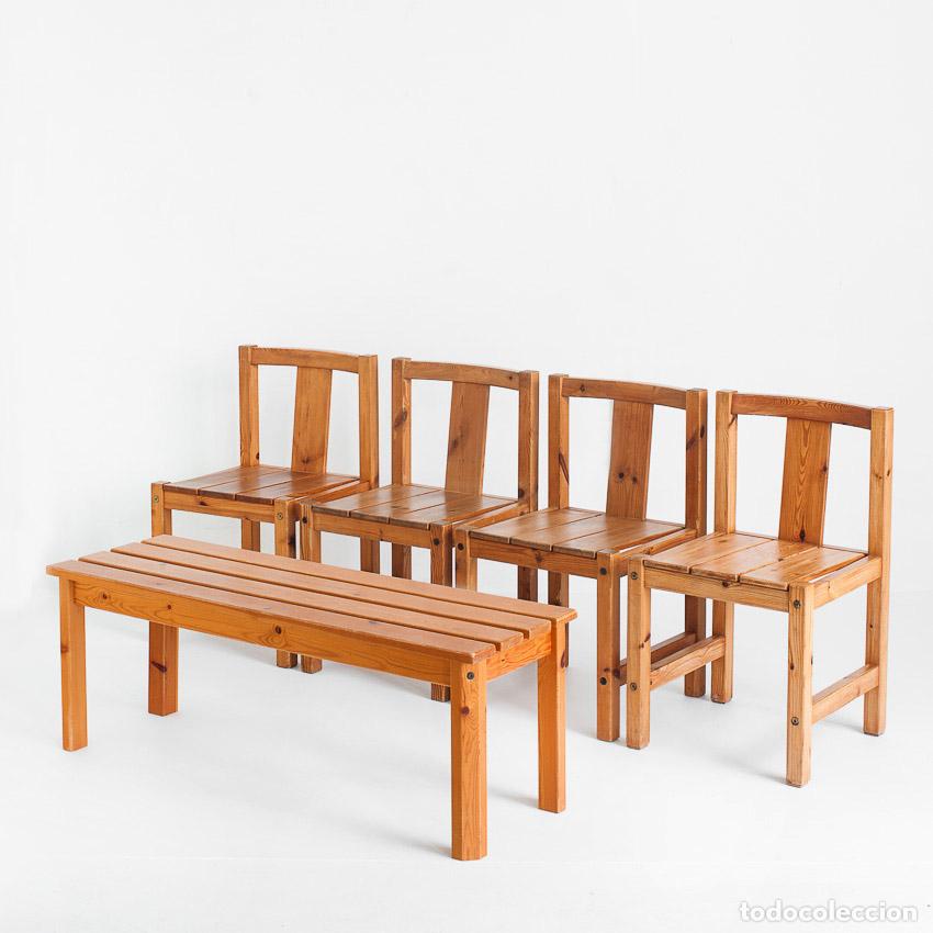 Vintage: Cuatro sillas + banco vintage. Madera de pino. Editadas por Sotka Oy. Finlandia, a&ntilde;os 70.