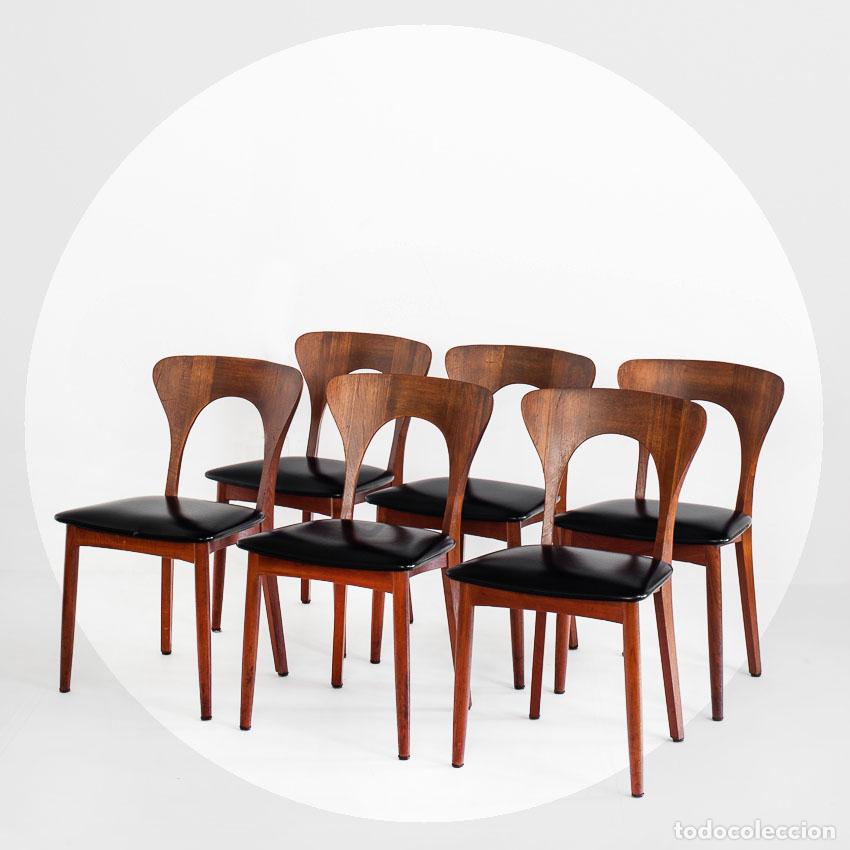 Vintage: Conjunto de 6 sillas escandinavas &rdquo;Peter&rdquo;. Palisandro. Dise&ntilde;o de Niels Koefoed. Dinamarca, a&ntilde;os 60