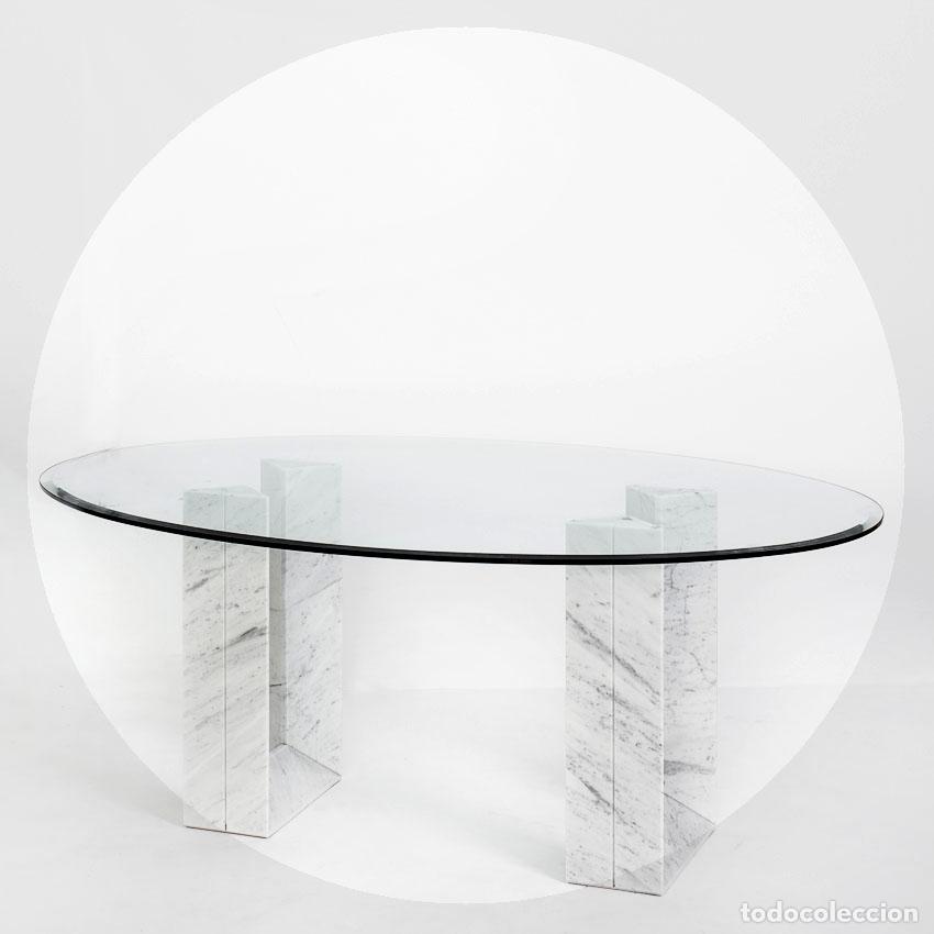 Vintage: Mesa de comedor modelo &rdquo;Diapason&rdquo;. Marmol de Carrara y cristal. Editada por Cattelan Italia. A&ntilde;os 90