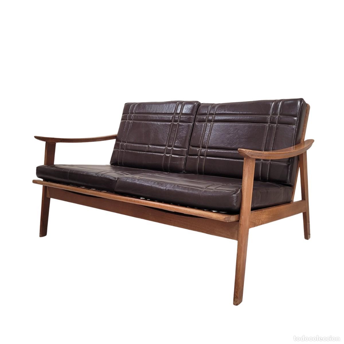 Vintage: Sof&aacute; Mid-century escandinavo, Madera de haya y tapizado de cuero, a&ntilde;os 70 - Pa&iacute;ses Escandinavos