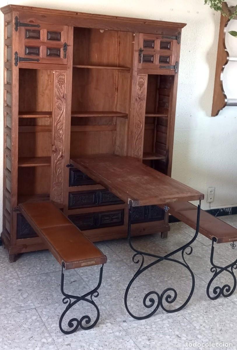 Vintage: MUEBLE R&Uacute;STICO ESTILO CASTELLANO * PINO MACIZO * CADIERA (Mesa + 2 Bancos Abatibles)