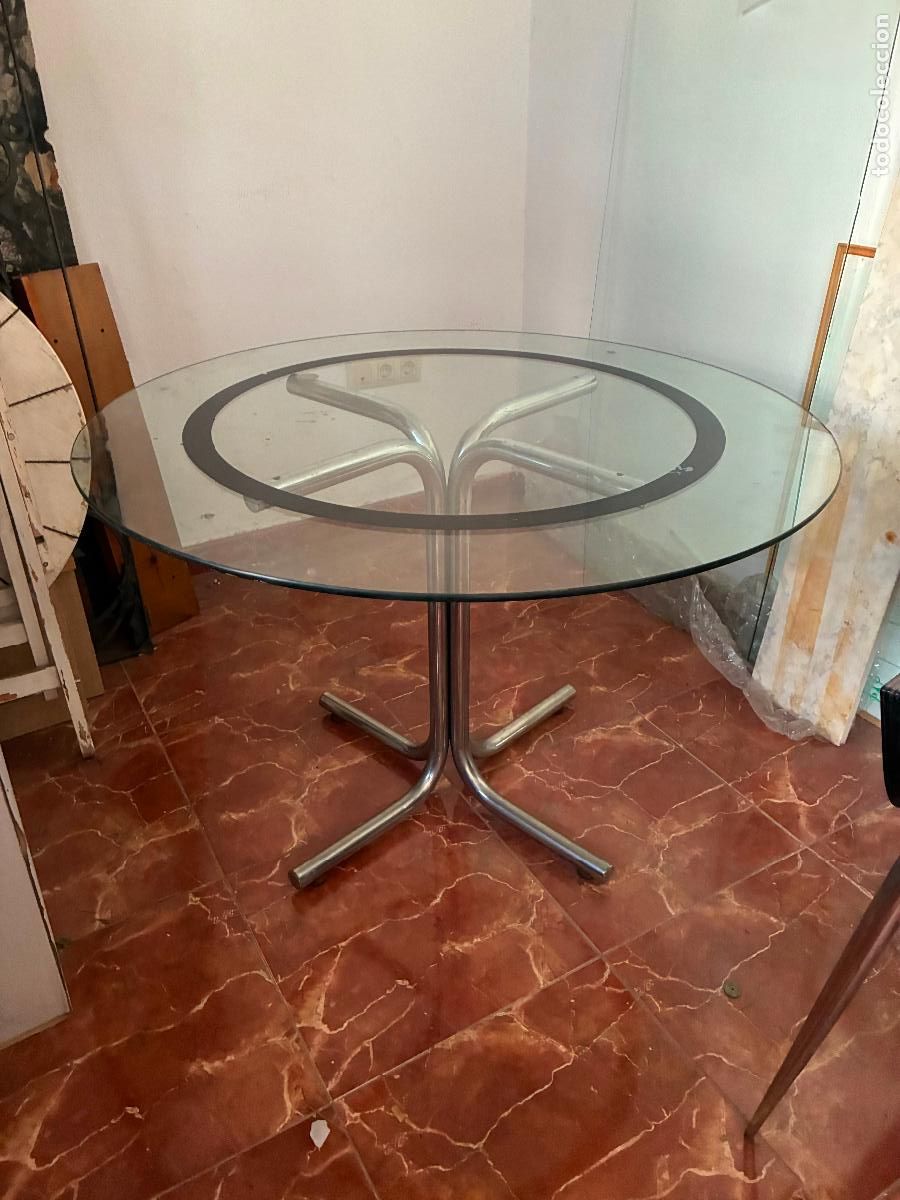 Vintage: Mesa de metal y cristal a&ntilde;os 70 80 mide 110 di&aacute;metro x 74 alto, necesita un repaso, ver fotos