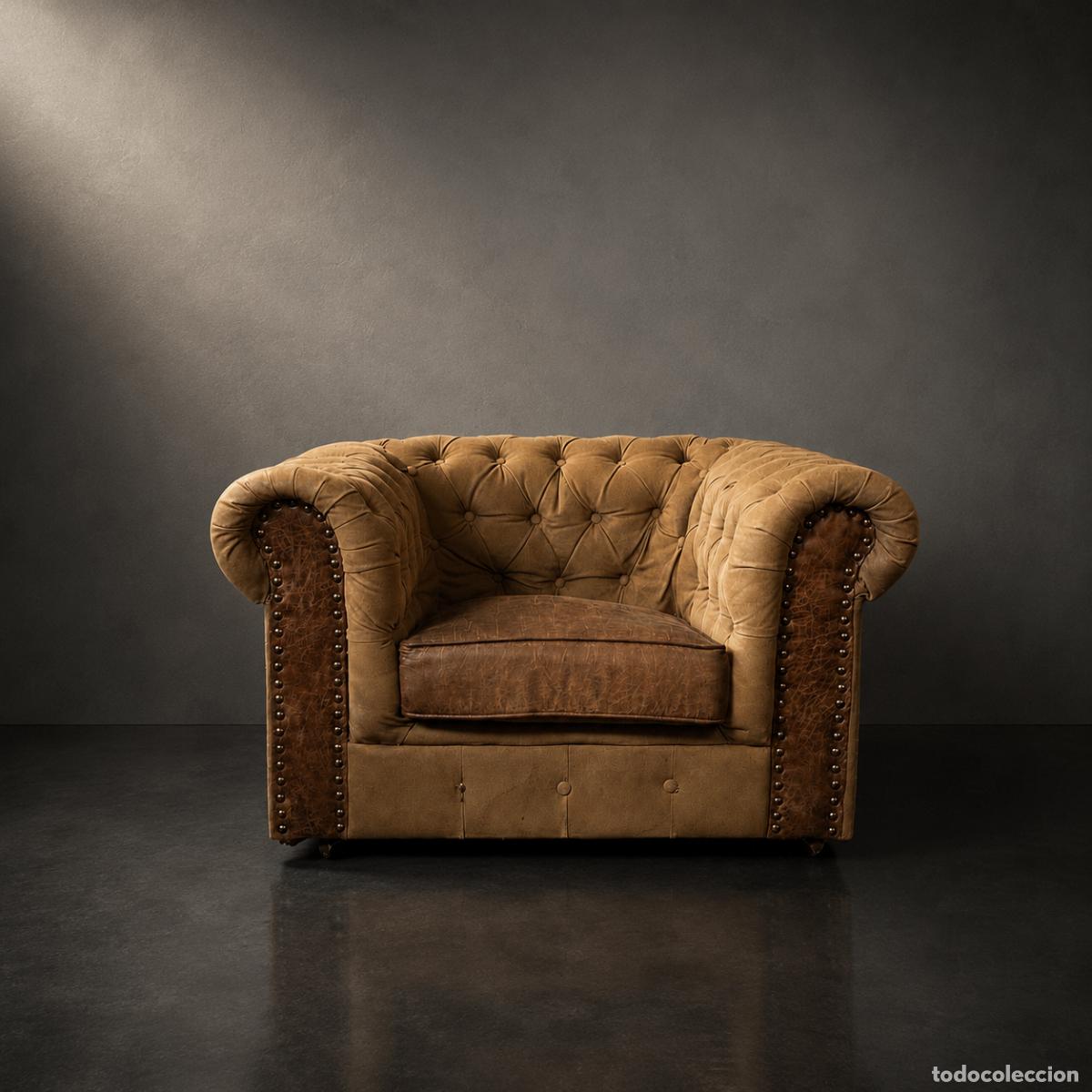 Vintage: Sill&oacute;n Chester Club en lona militar vintage y cuero natural. Estilo industrial ingl&eacute;s.