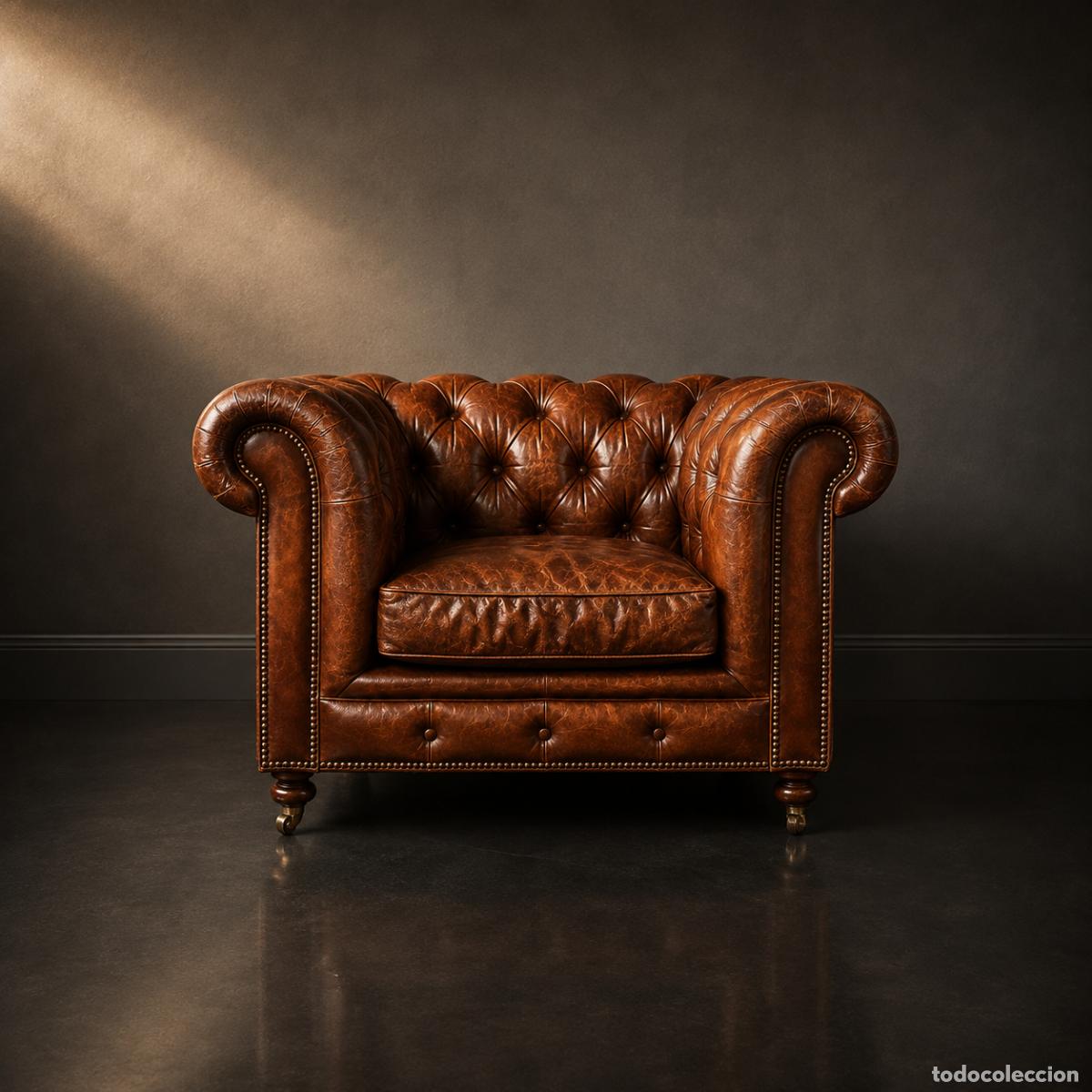 Vintage: Sill&oacute;n Chesterfield ingl&eacute;s de cuero aut&eacute;ntico con muelles helicoidales y p&aacute;tina original