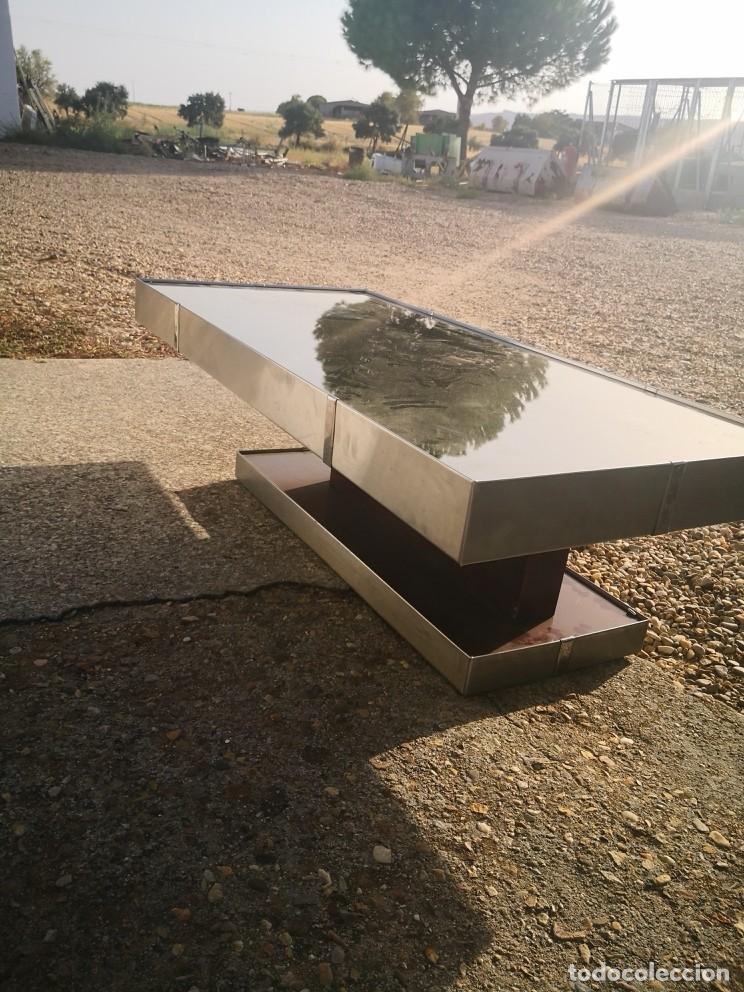Vintage: Mesa de centro, sof&aacute;, baja 40 cm. altura muy grande, pesada madera cristal laterales cromados 130X60