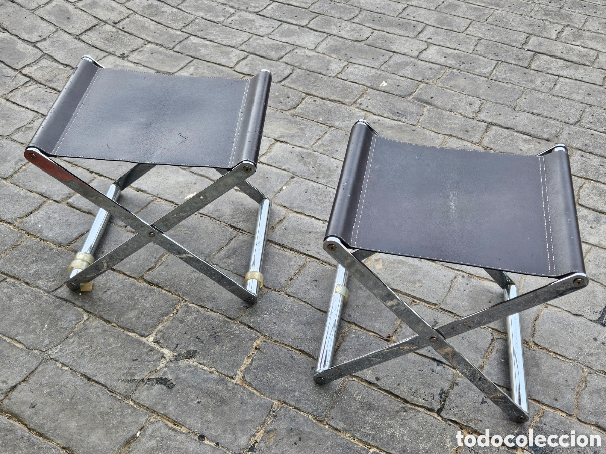 Vintage: Pareja de tamburetes inox y piel