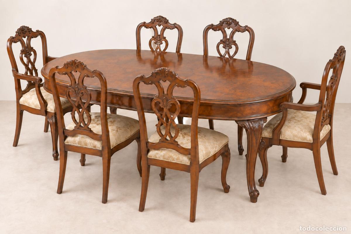 Vintage: Conjunto de comedor cl&aacute;sico en nogal del pa&iacute;s: mesa, cuatro sillas y dos sillones