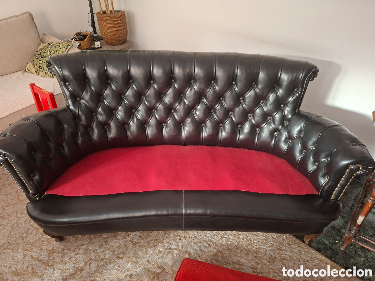 Vintage: Sof&aacute; Chesterfield Original Ingl&eacute;s 2 Plazas Curvo Ri&ntilde;&oacute;n Cuero Negro Capiton&eacute; A&ntilde;os 6