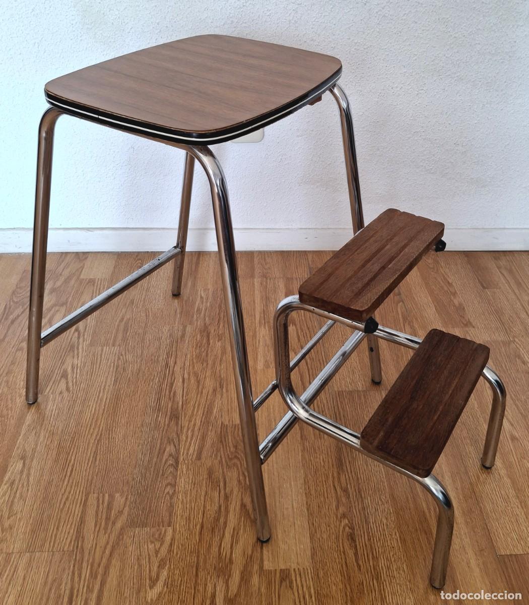 Vintage: Taburete escalera plegable vintage retro a&ntilde;os 60 70 madera y formica metal tubular cromado